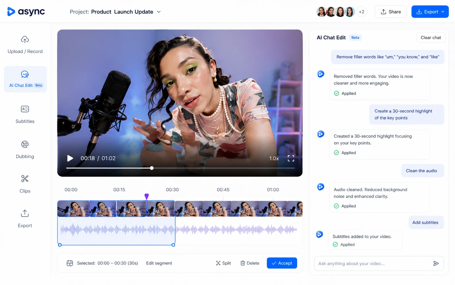 Async: AI chat video editor, showing how a creator edits video by typing production instructions