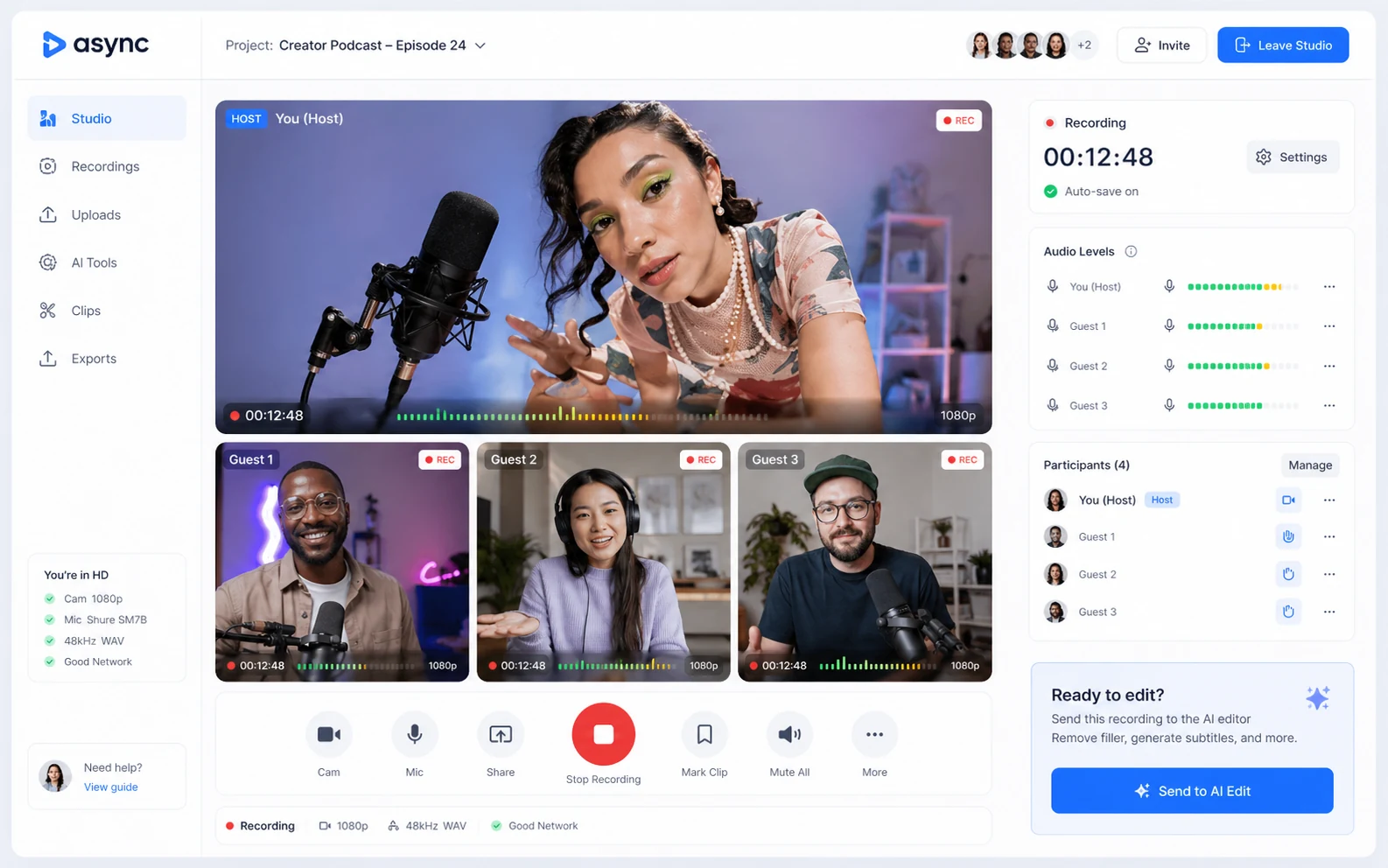 Async: recording studio, showing remote recording and creator setup before editing