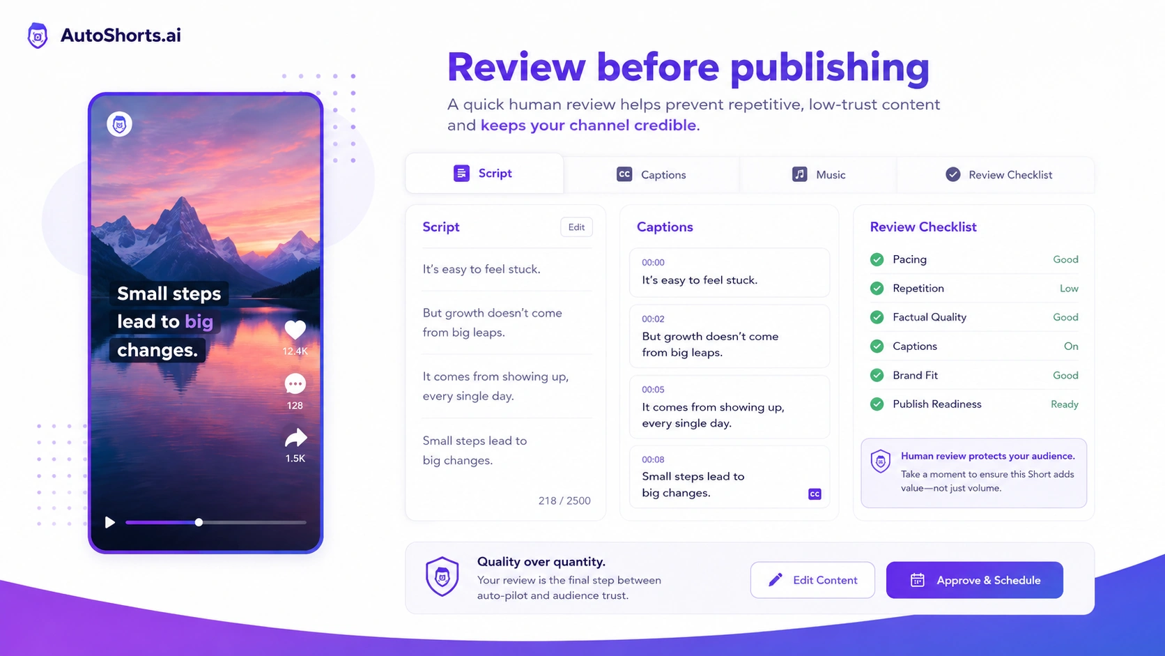 AutoShorts.ai: video preview editor, showing script, music, caption, and clip review before publishing