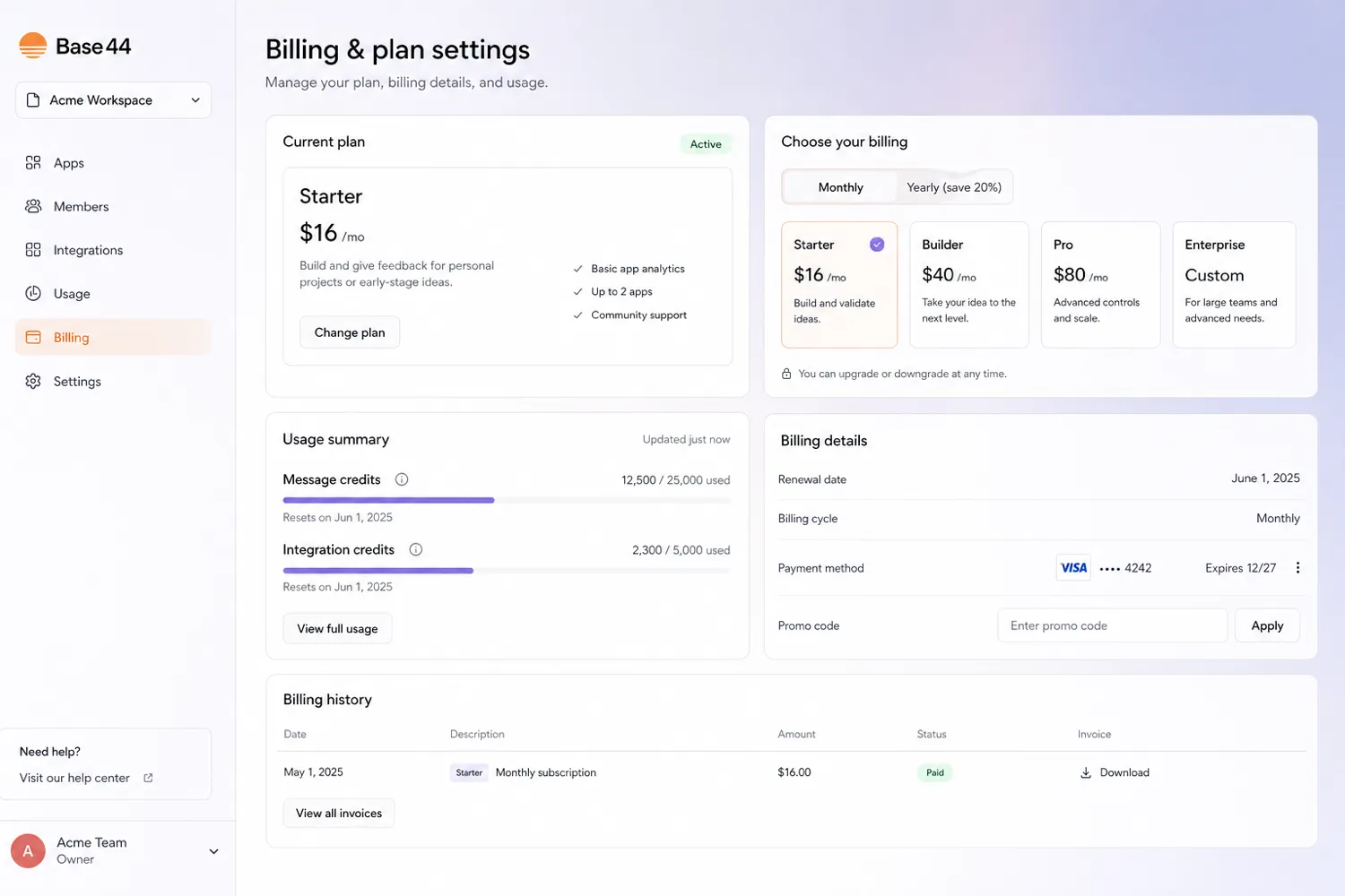 Base44: plan and billing settings, showing where a buyer reviews upgrade, billing cycle, and promo-code options