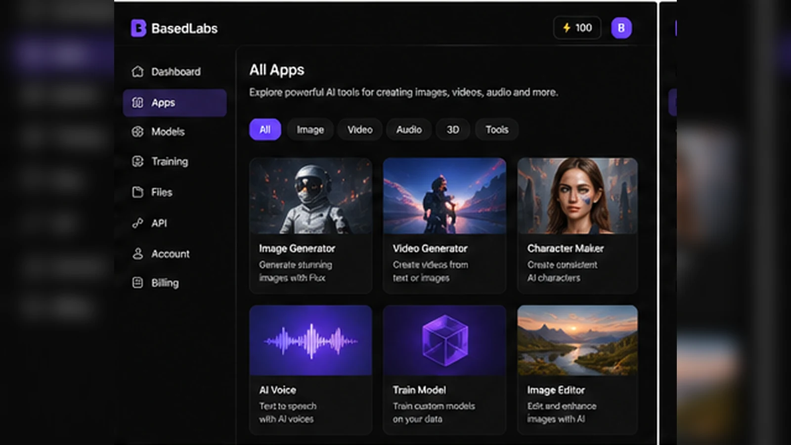 BasedLabs: generator home screen, showing how a buyer starts with image, video, or face swap creation