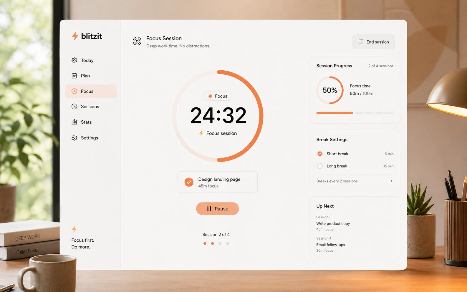 Blitzit: focus mode and Pomodoro settings, showing how work sprints and breaks support deep work
