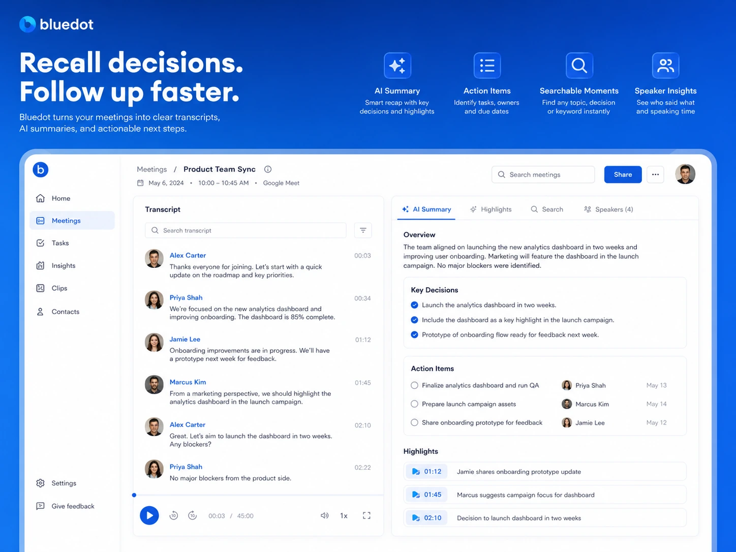 Bluedot: transcript and AI summary, showing how meeting notes, action items, and key moments are organized
