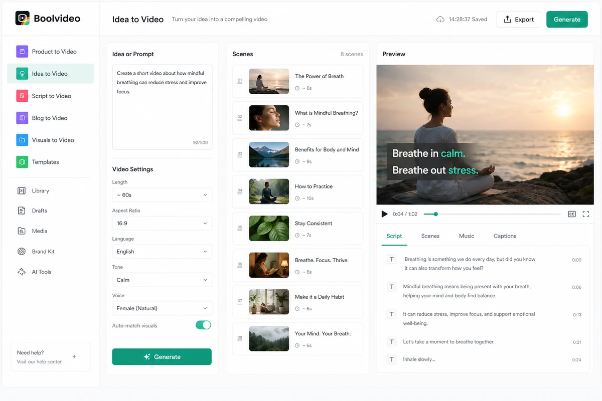 Boolvideo: idea-to-video workflow, showing how a buyer turns a prompt into a generated video draft