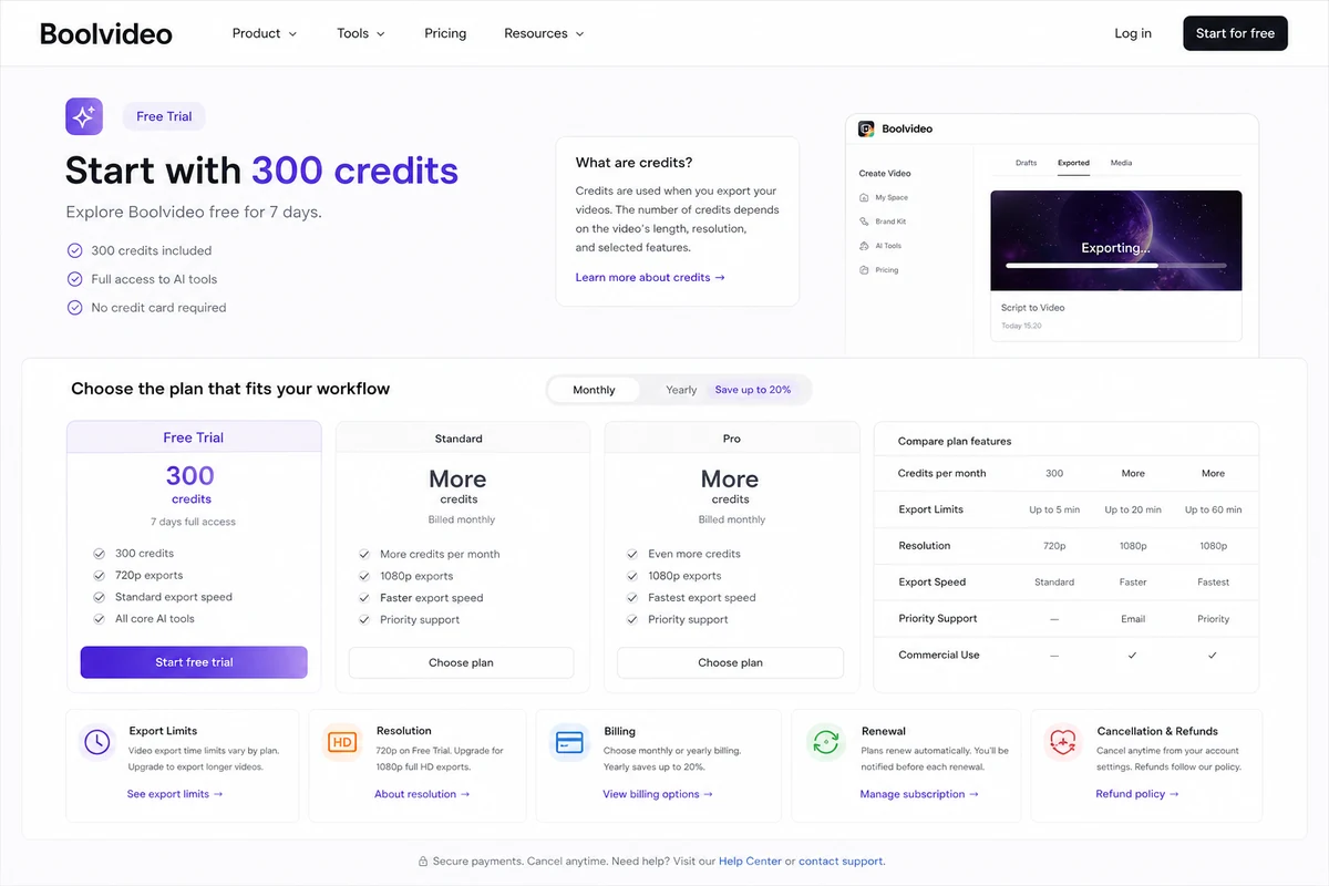 Boolvideo: pricing and credits checkout, showing plan limits, export credits, and billing choices before upgrade
