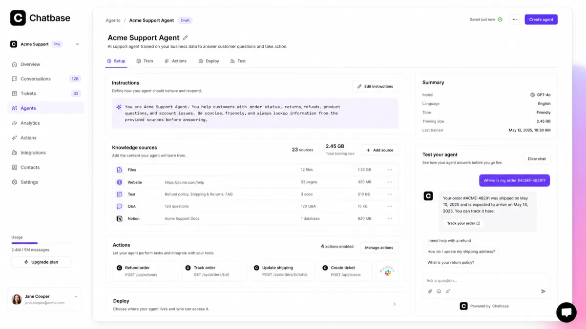 Chatbase: AI agent builder, showing how a buyer trains and configures a customer support agent