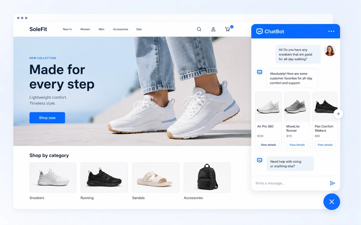 ChatBot: ecommerce chat widget, showing AI answers and product guidance inside a buyer-facing website conversation