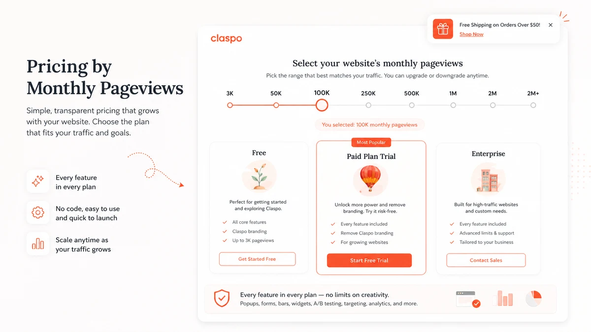 Claspo: pricing pageview selector, showing how traffic volume affects paid plan evaluation