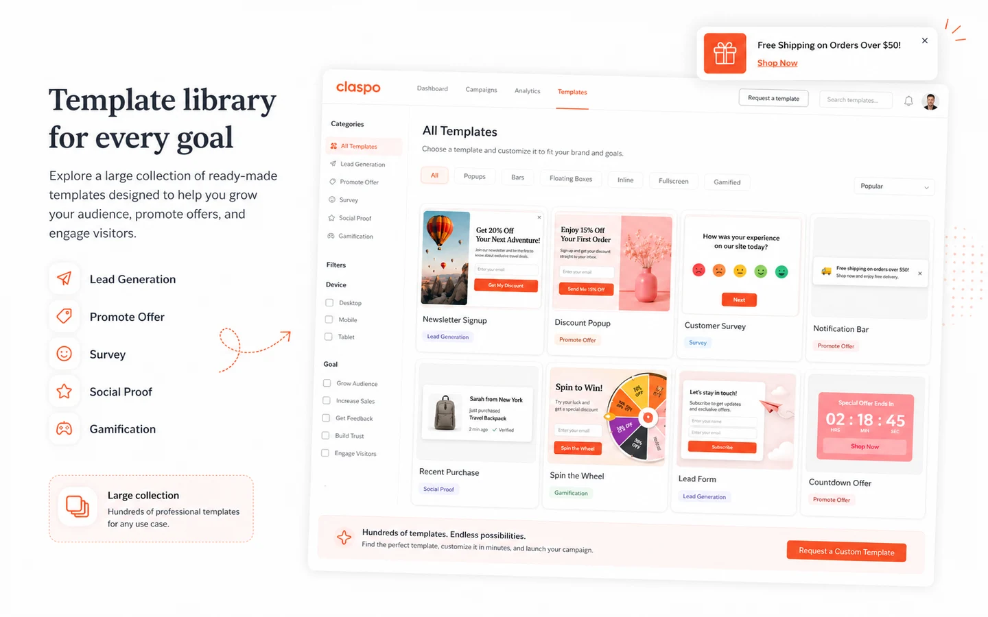 Claspo: template library, showing popup, form, discount, survey, and gamified widget starting points