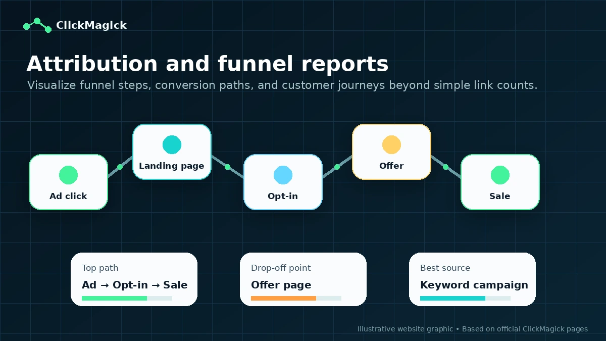 ClickMagick: attribution reports, showing how buyers compare funnel steps, conversions, and customer journey data
