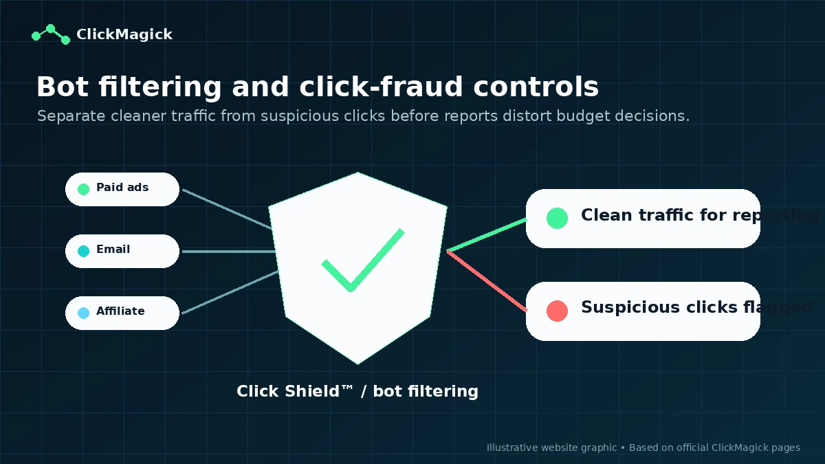 ClickMagick: bot filtering and click-fraud controls, showing how advertisers separate cleaner traffic from suspicious clicks