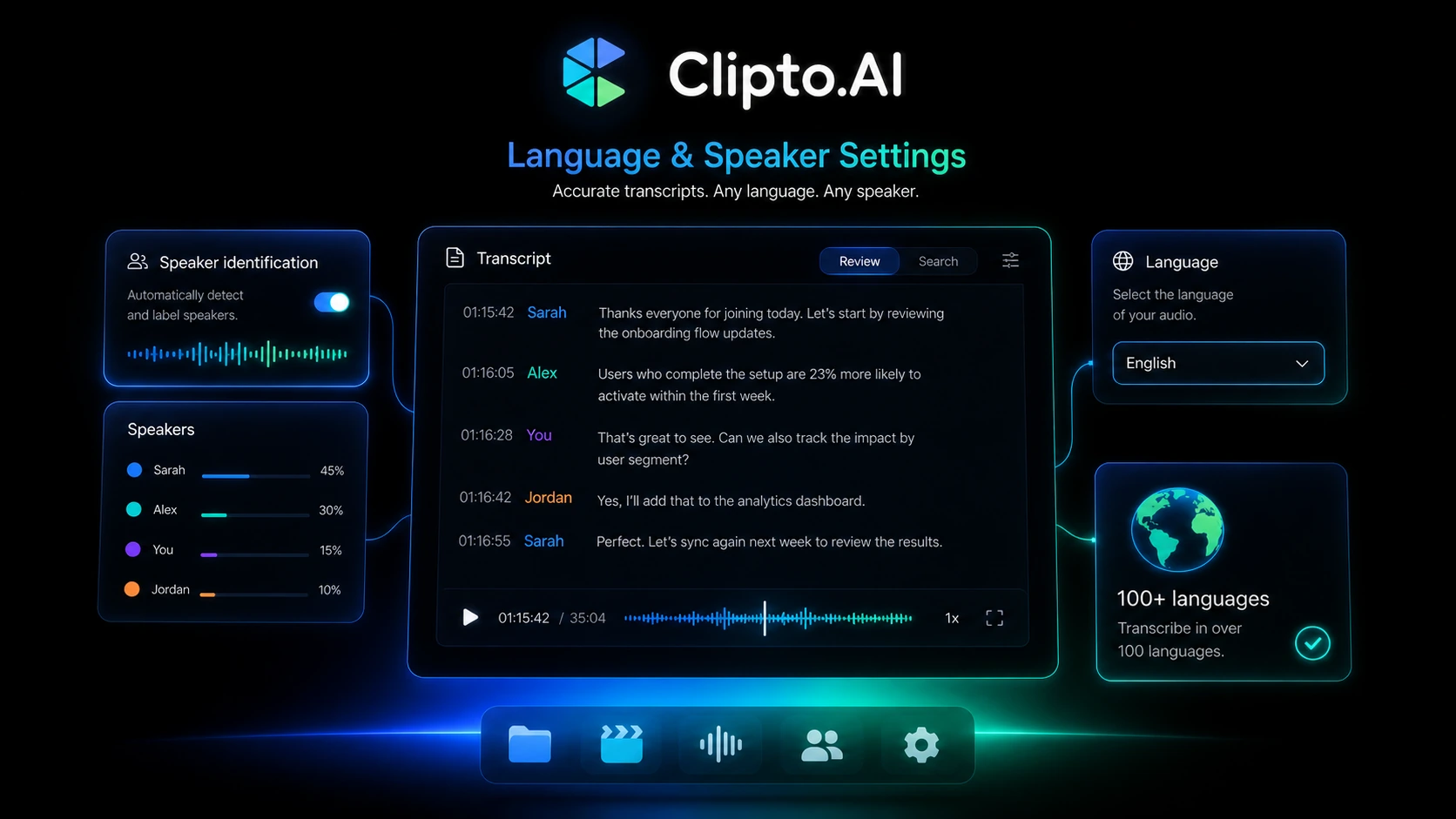 Clipto.AI: language and speaker tools, showing how a buyer checks multilingual transcription and speaker identification