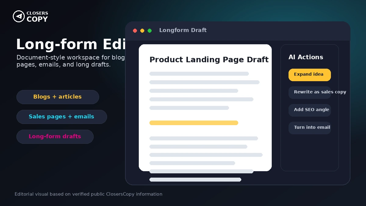 ClosersCopy: long-form editor, showing AI writing inside a document-style content workspace