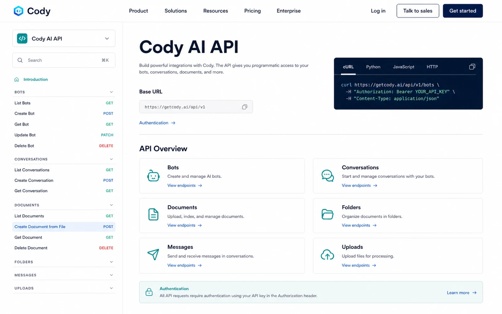 Cody: API documentation, showing how technical buyers verify integration options before subscribing