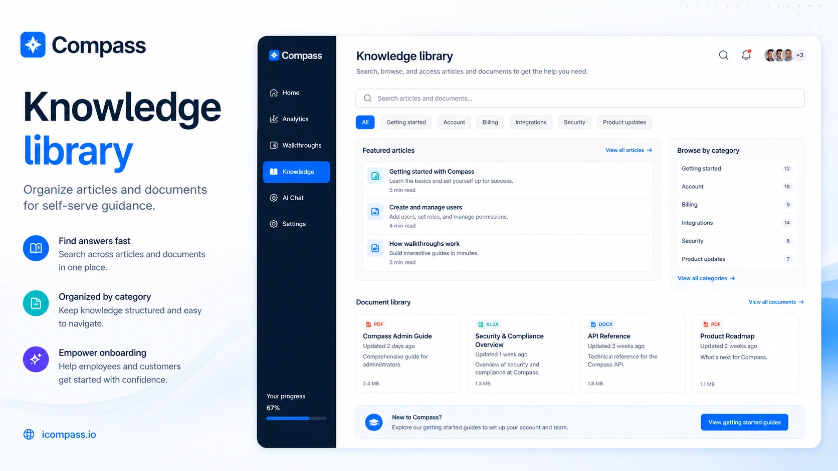 Compass: knowledge article and document library, showing how buyers organize self-help resources for users