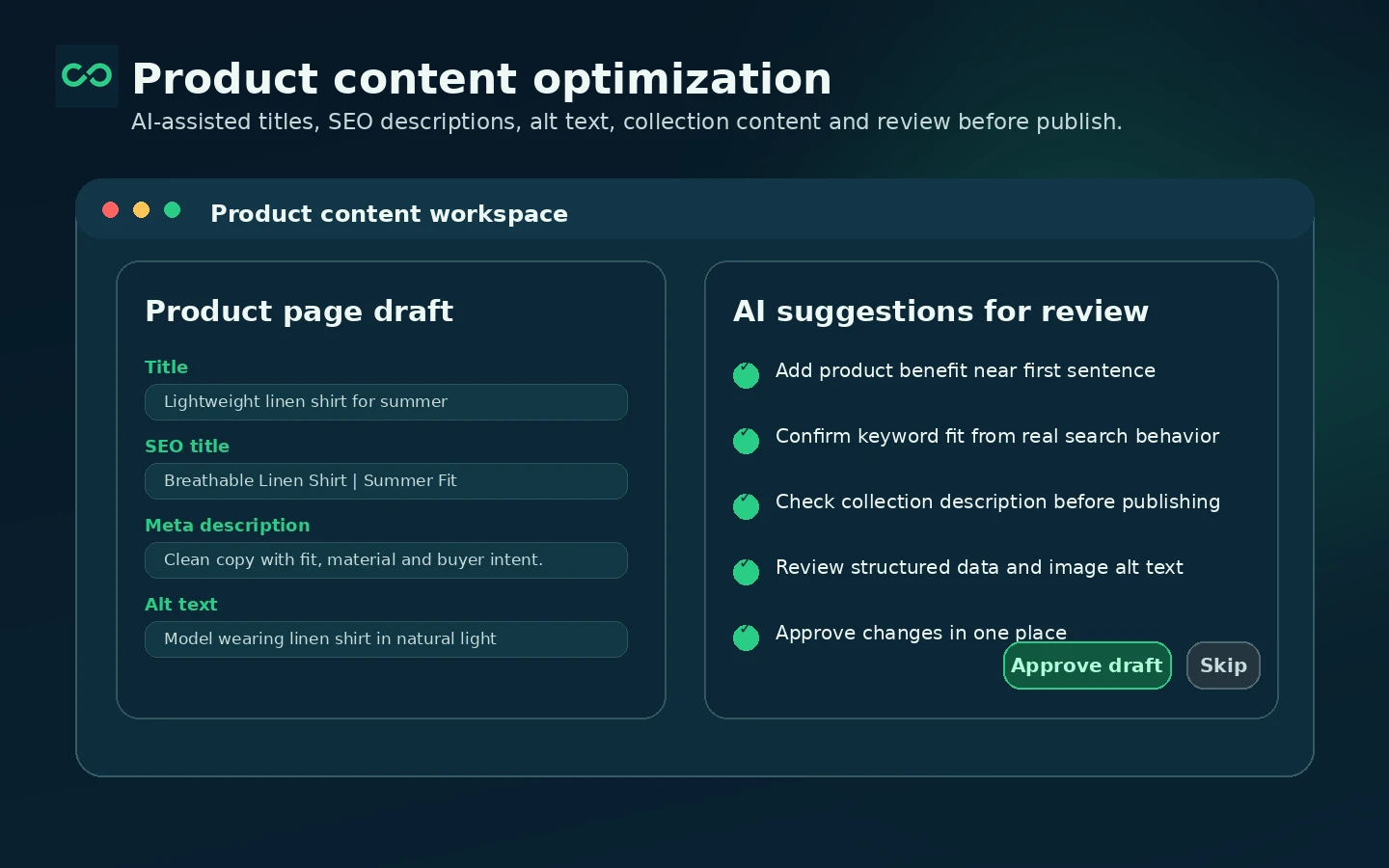 ConvertMate: product content optimization, showing AI-generated product and collection content for Shopify SEO