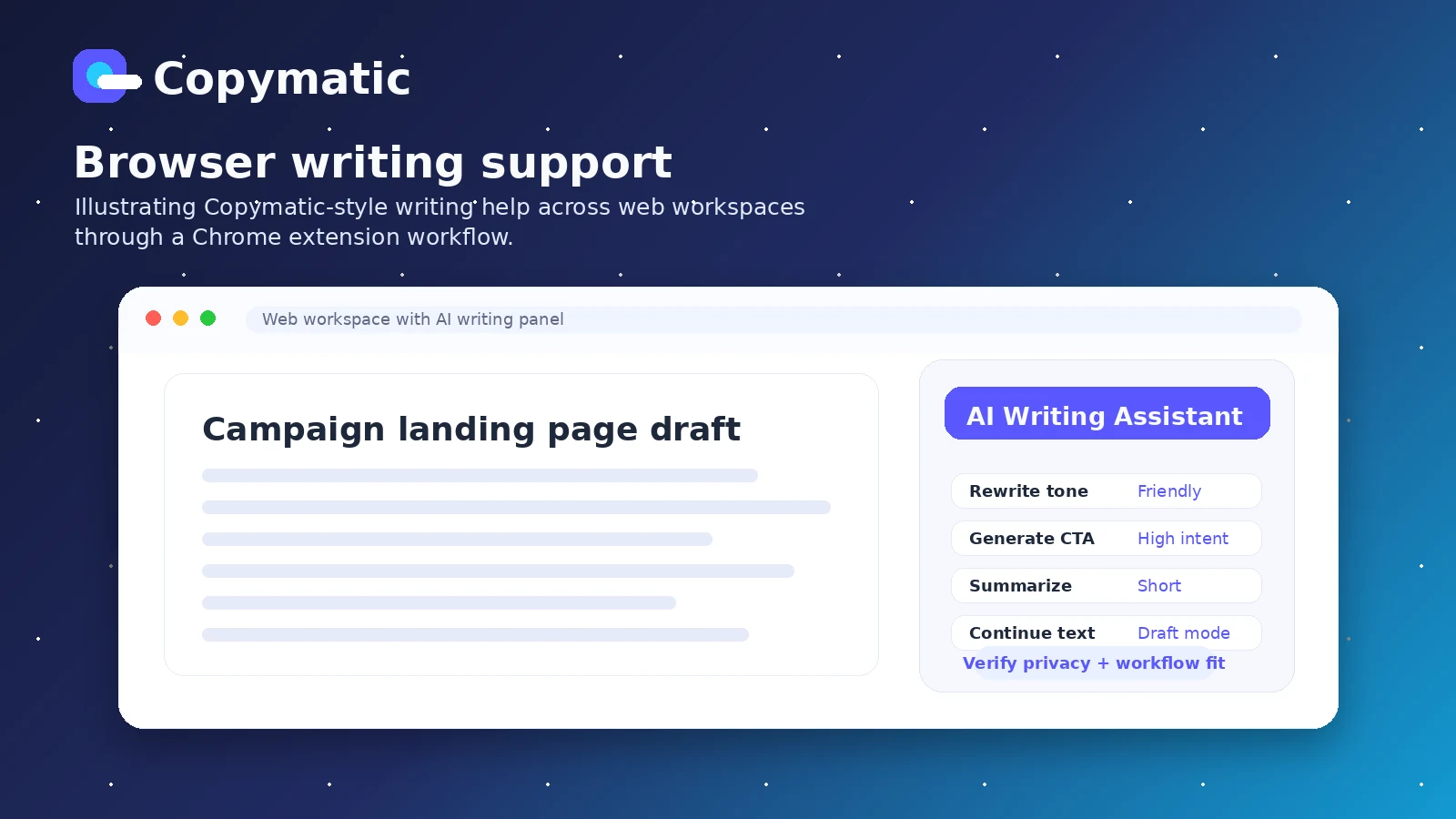 Copymatic: Chrome extension workflow, showing AI writing support inside browser-based workspaces