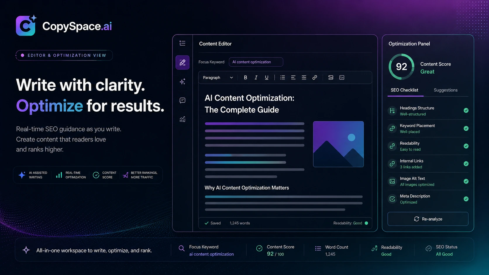 CopySpace.ai: article editor and optimization panel, showing how a buyer reviews SEO signals before publishing