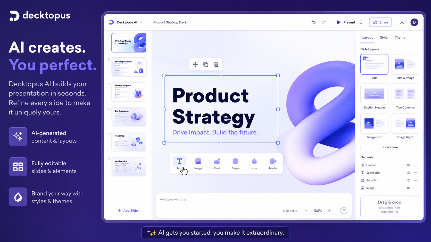 Decktopus AI: slide editor and layout controls, showing how a buyer can refine AI-generated presentation content