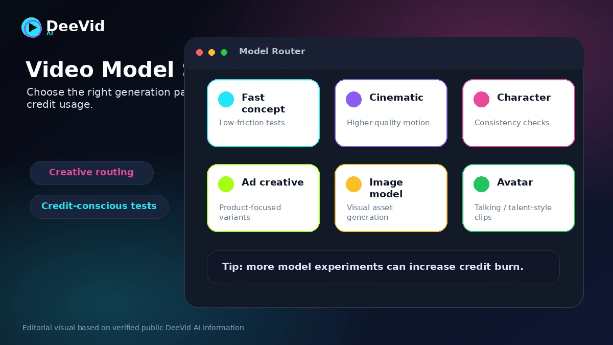 DeeVid AI: model selection screen, showing multiple AI video and image models for creative generation