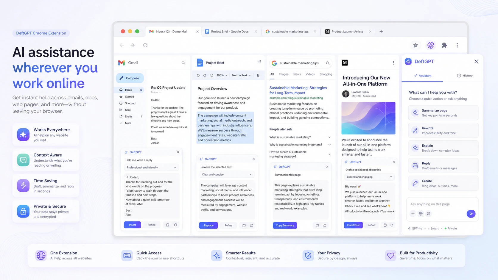 DeftGPT: Chrome extension workflow, showing AI assistance inside browser-based work