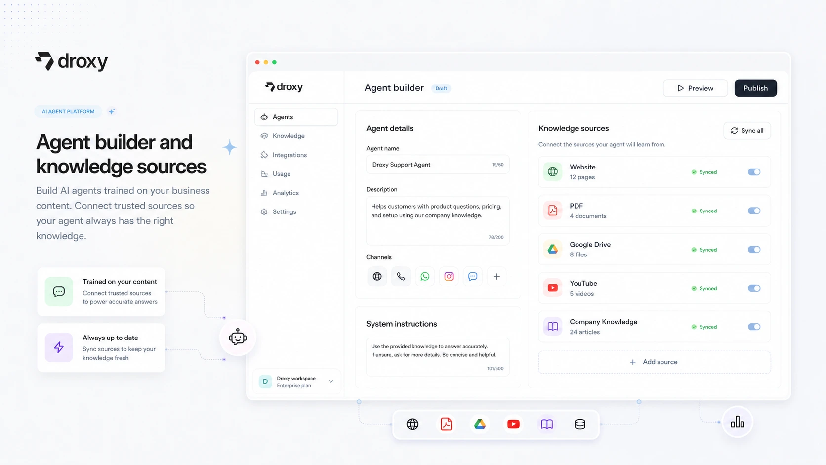 Droxy: agent builder and knowledge sources, showing how a buyer trains an AI agent on business content