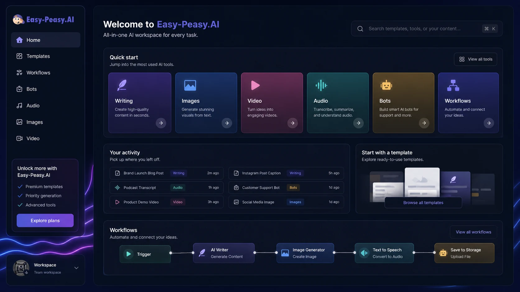 Easy-Peasy.AI: dashboard overview, showing how a buyer can move between writing, media, bots, and workflow tools