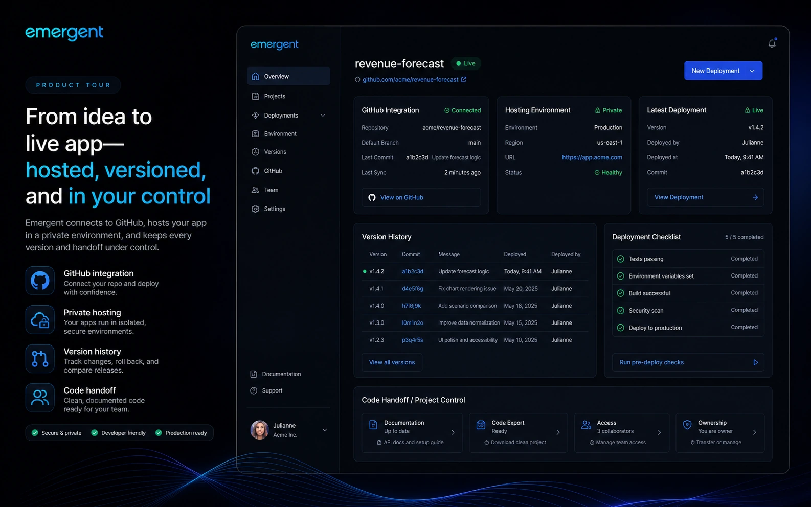 Emergent: GitHub and private hosting workflow, showing how a buyer checks handoff, hosting, and project control