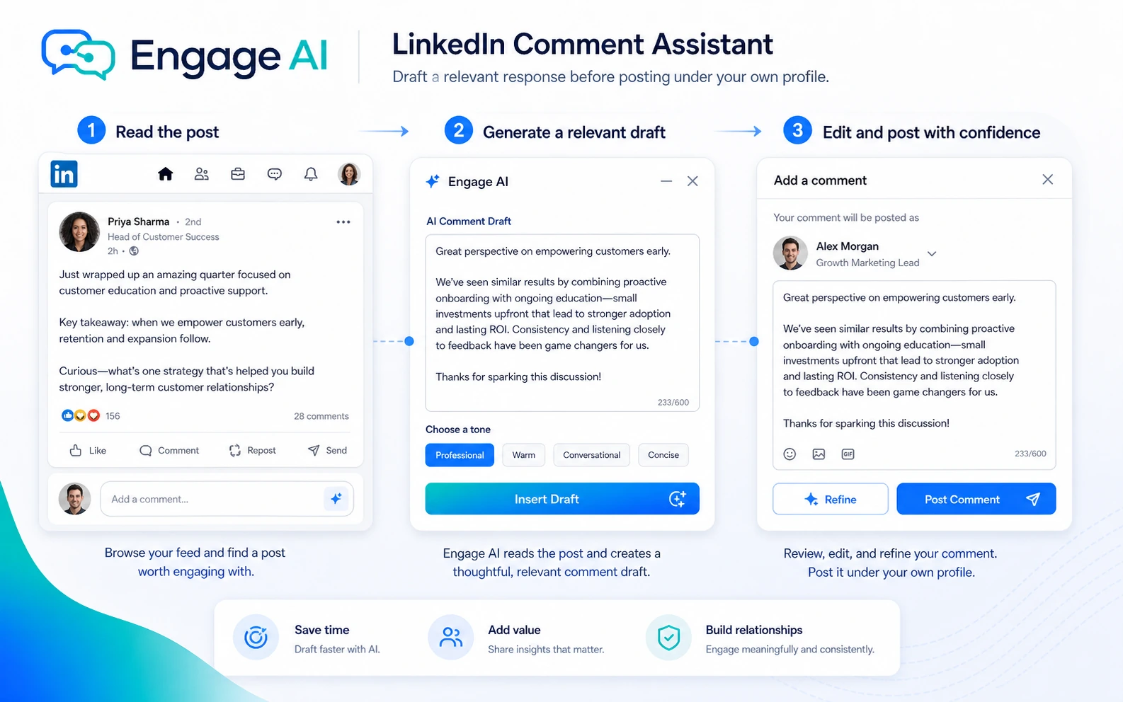 Engage AI: LinkedIn comment assistant, showing how a buyer drafts a relevant response before posting under their own profile
