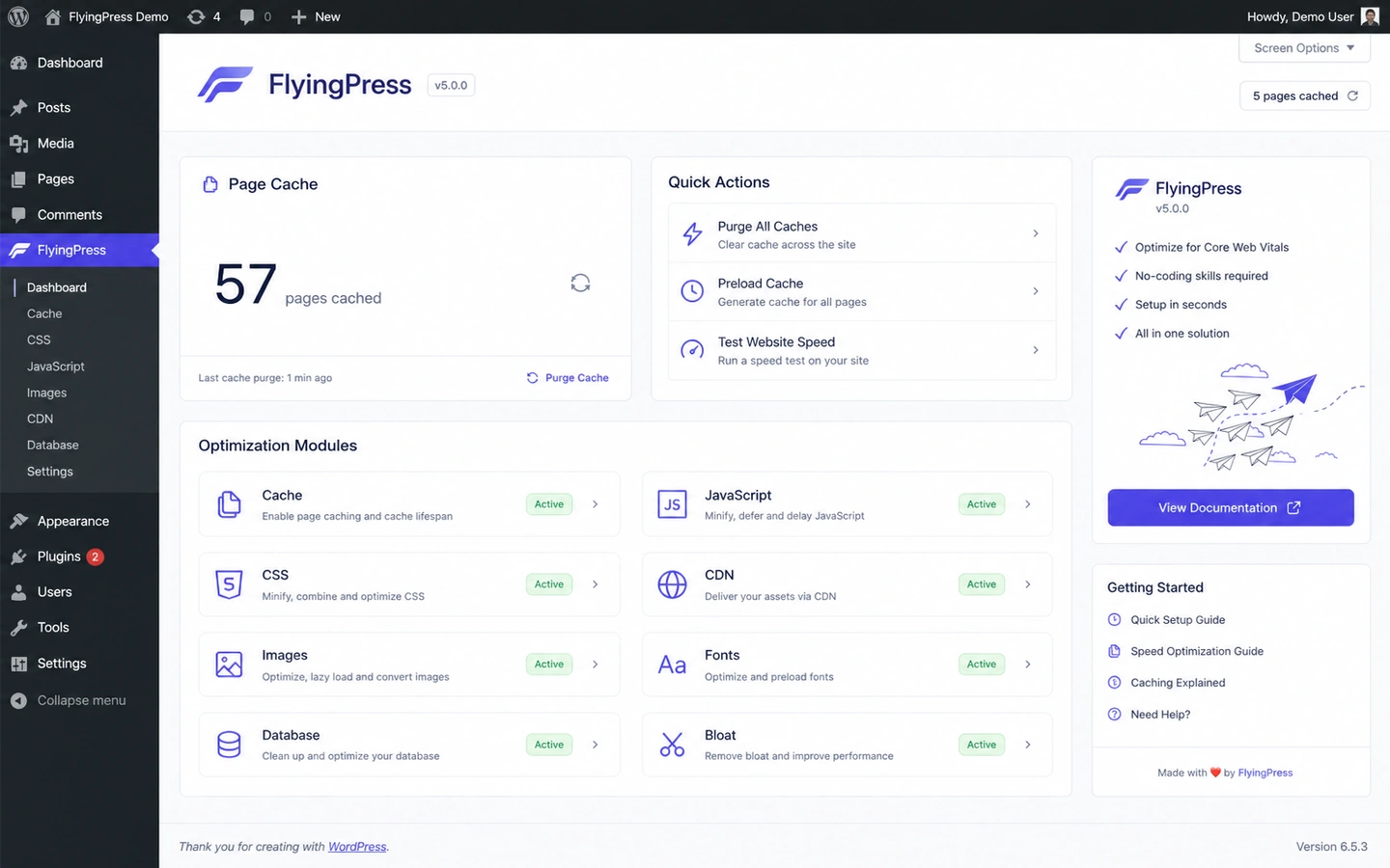 FlyingWeb: FlyingPress dashboard overview, showing how a WordPress buyer reviews optimization modules before enabling them