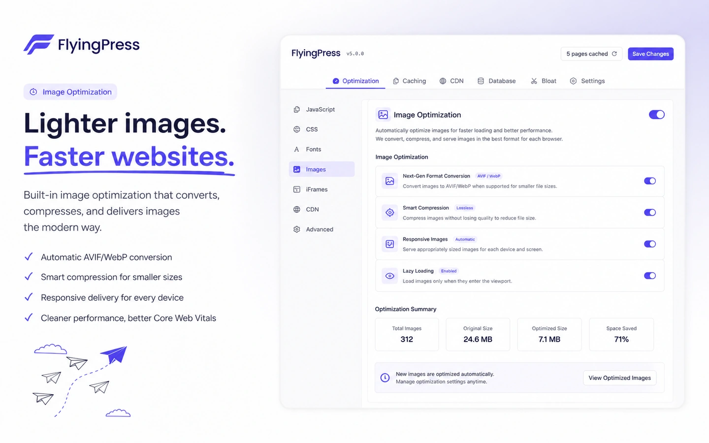 FlyingWeb: FlyingPress image optimization, showing AVIF or WebP conversion and compression choices for WordPress media