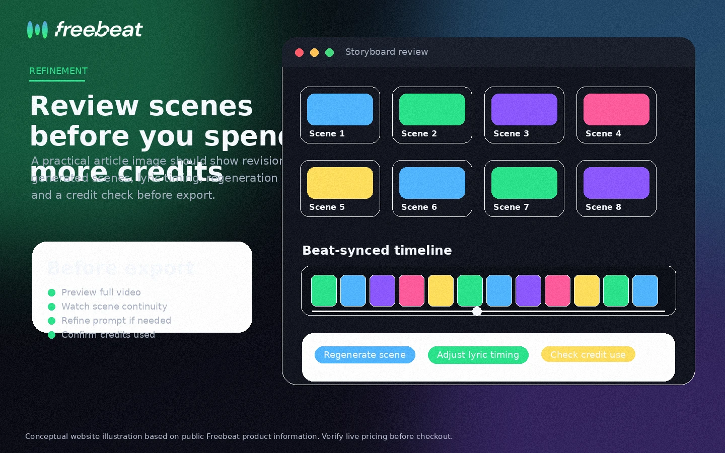 Freebeat: storyboard and refinement workflow, showing generated scenes that can be reviewed and regenerated