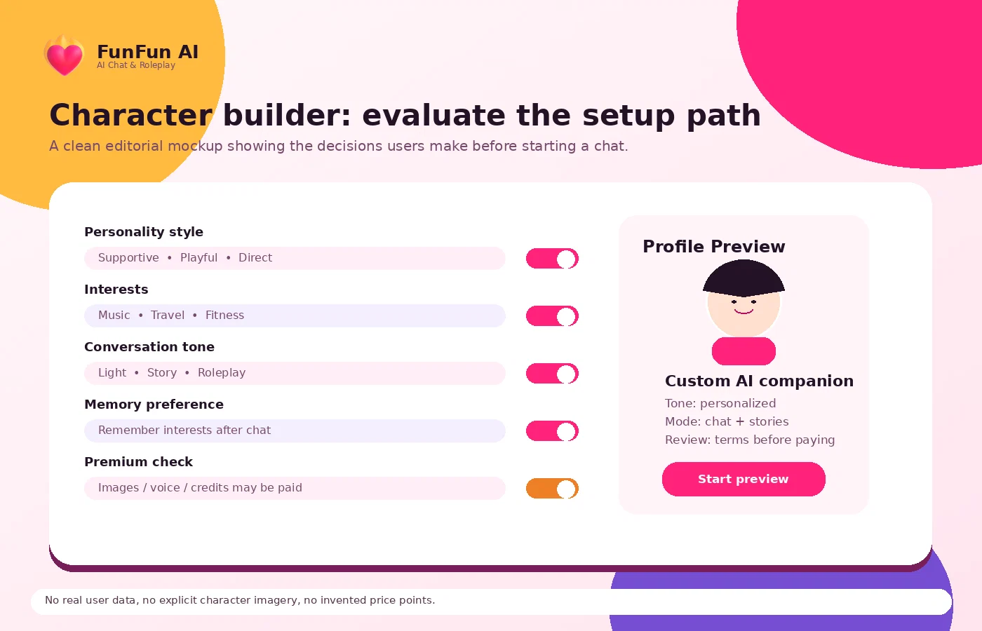 FunFun AI: character builder, showing how users customize an AI companion before chatting