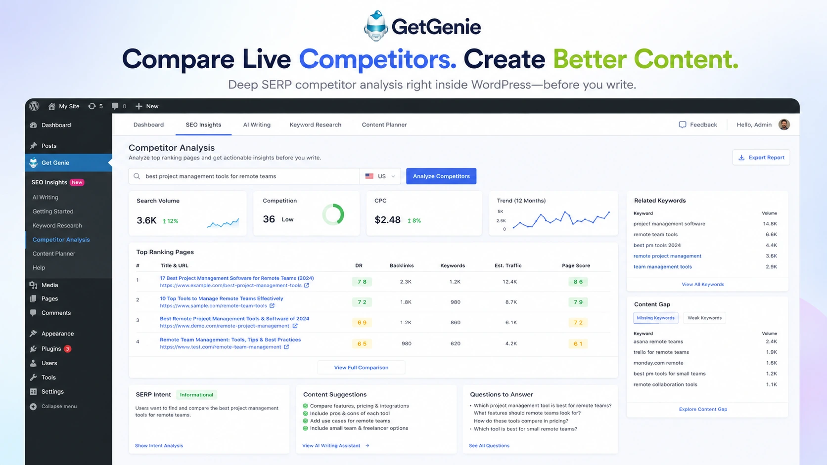 GetGenie: SERP competitor analysis, showing how a buyer compares ranking pages before writing an SEO article