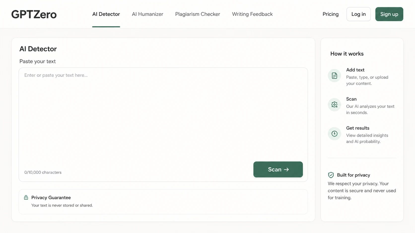 GPTZero: AI detector input screen, showing where a buyer pastes text before checking whether the free workflow is enough