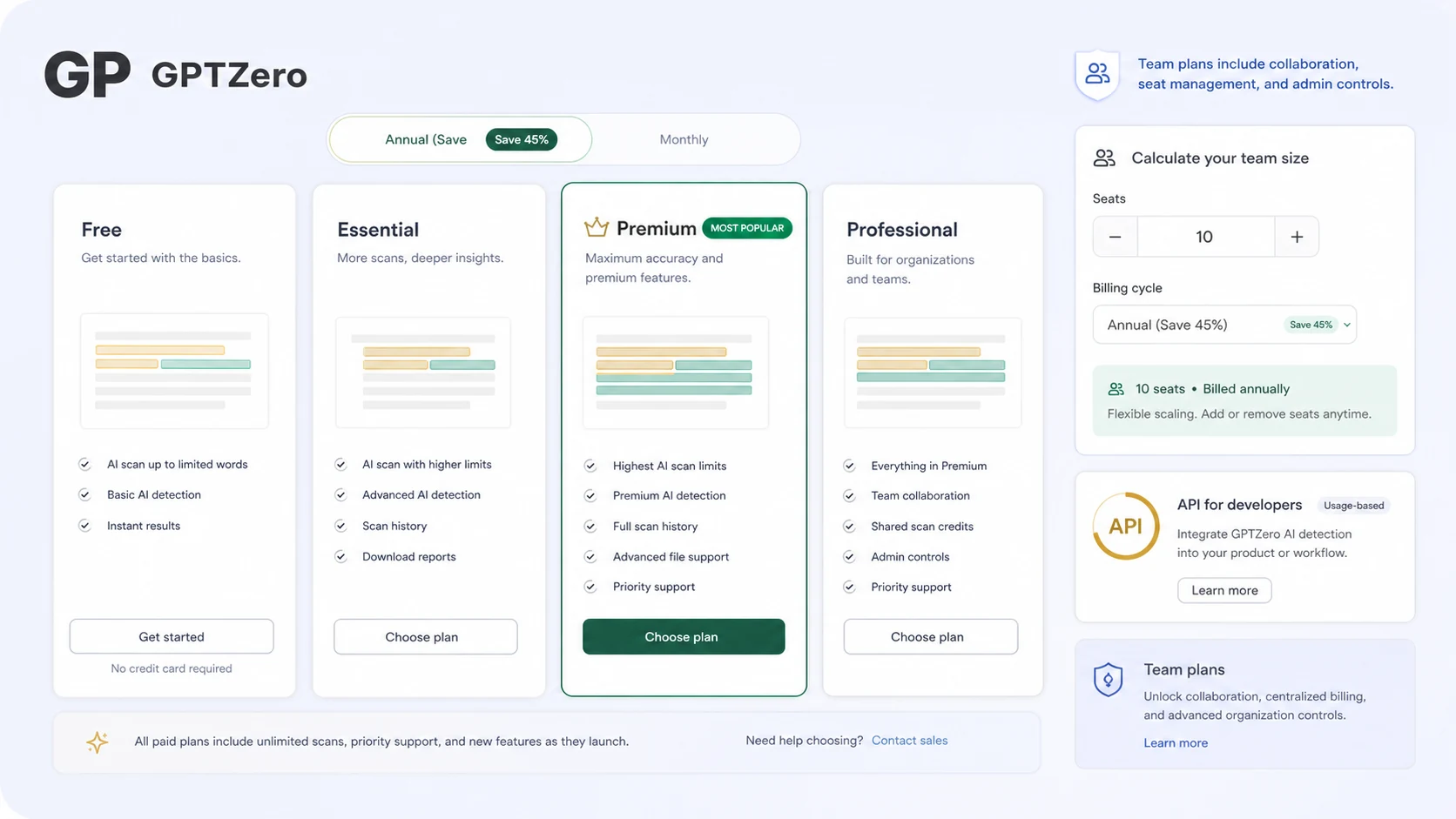 GPTZero: pricing and seat calculator, showing how a buyer compares monthly, annual, and team billing before checkout