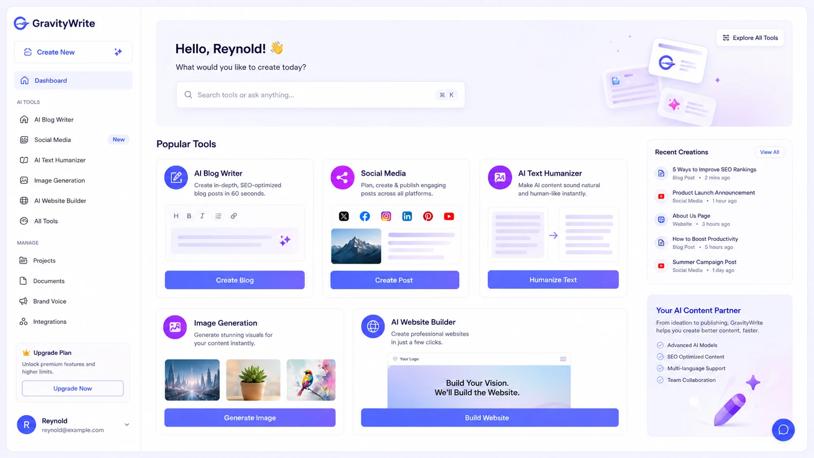 GravityWrite: tool selection dashboard, showing content templates and workflow choices before generating copy