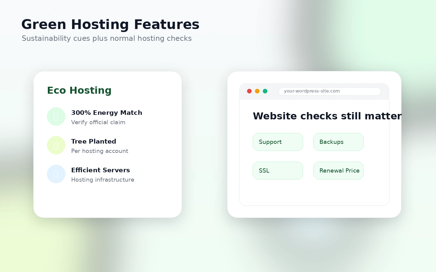 GreenGeeks: eco-friendly hosting features, showing renewable energy match and tree planting claims