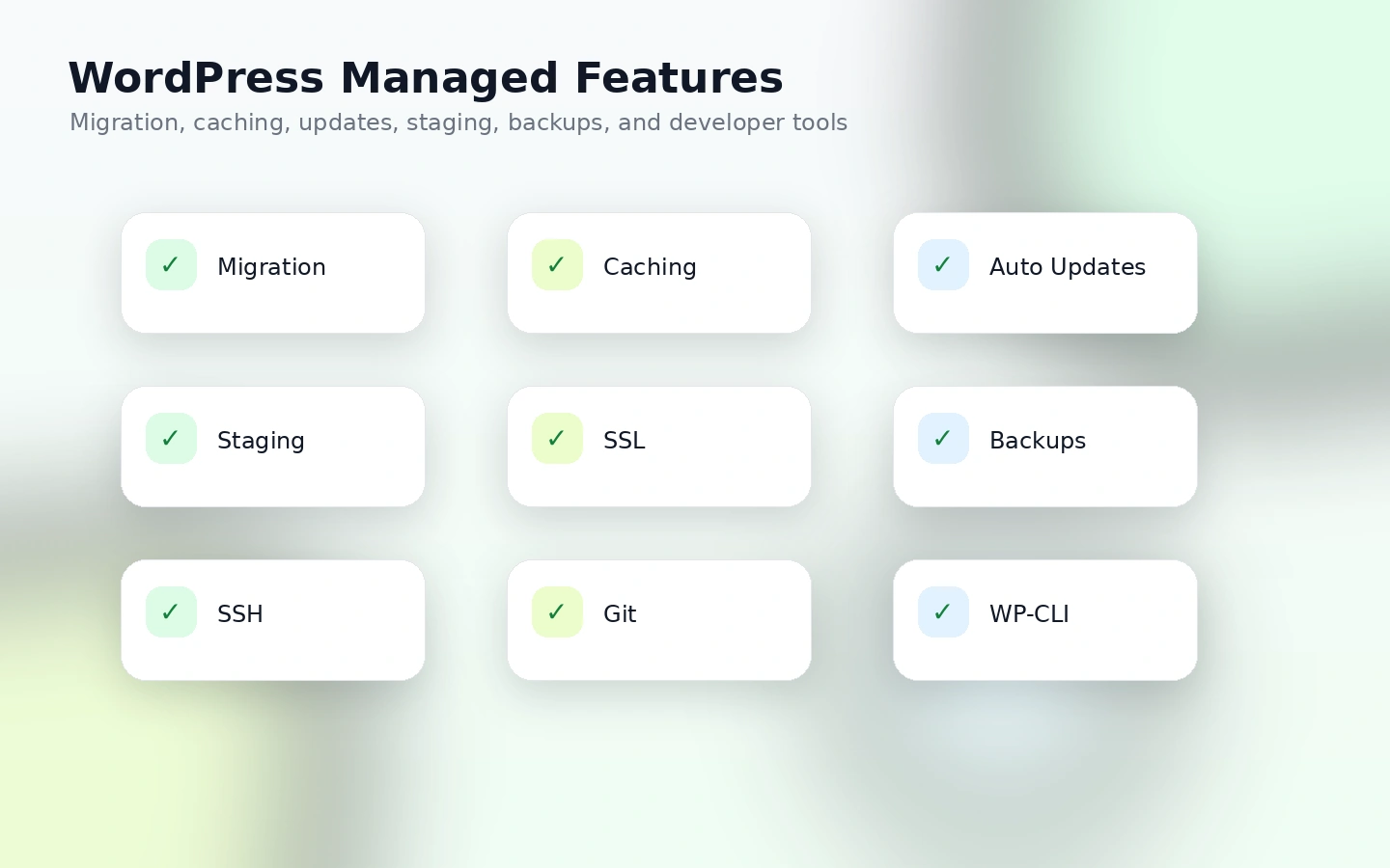 GreenGeeks: WordPress hosting features, showing migration, caching, auto-updates, staging, SSH, and Git support