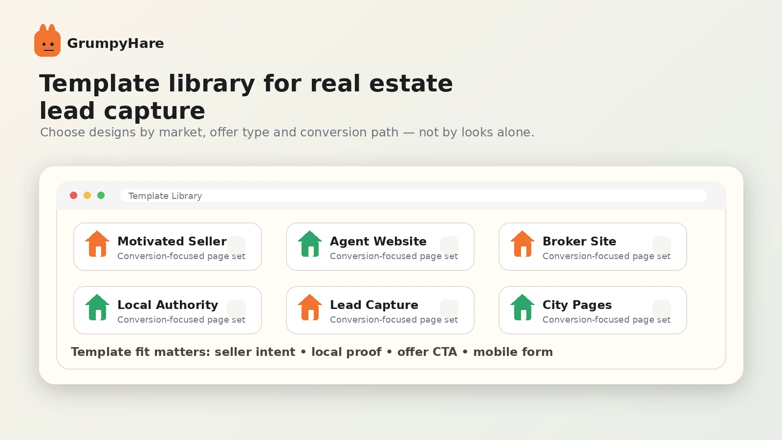 GrumpyHare: real estate website templates, showing conversion-focused site options for investors and agents