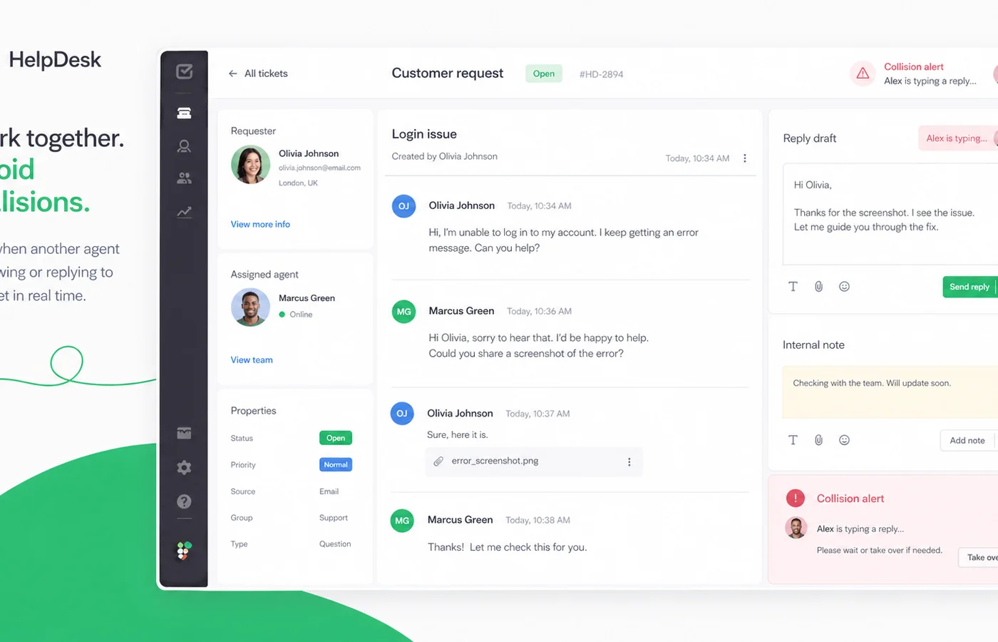 HelpDesk: ticket detail and collision detection, showing how agents avoid overlapping work on the same request