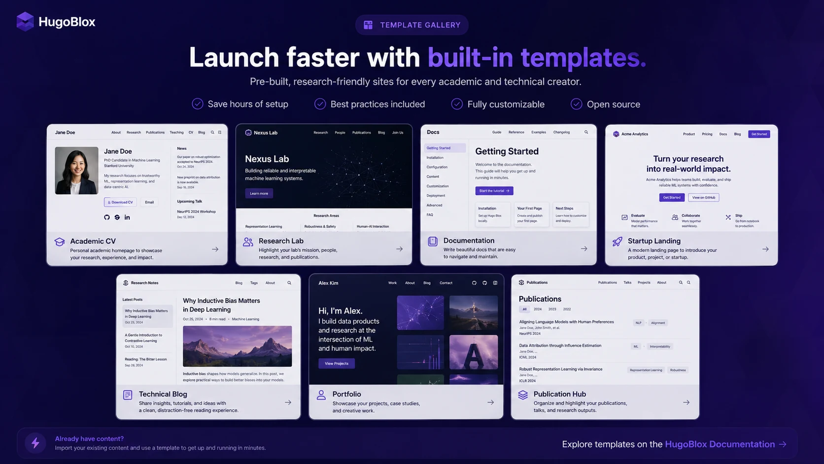 HugoBlox: template gallery, showing academic CV, documentation, landing page, and research site options for different buyer goals