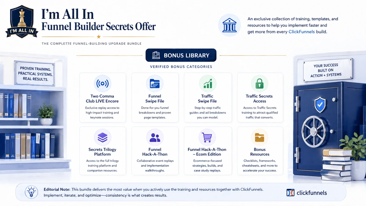 Funnel Builder Secrets: bonus library, showing funnel training, swipe files, traffic resources, and hack-a-thon material