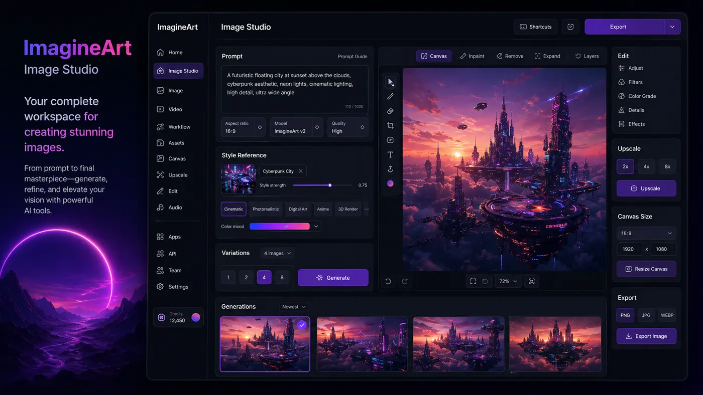 ImagineArt: Image Studio overview, showing text-to-image, image guidance, real-time generation, and canvas tools for creator workflow fit