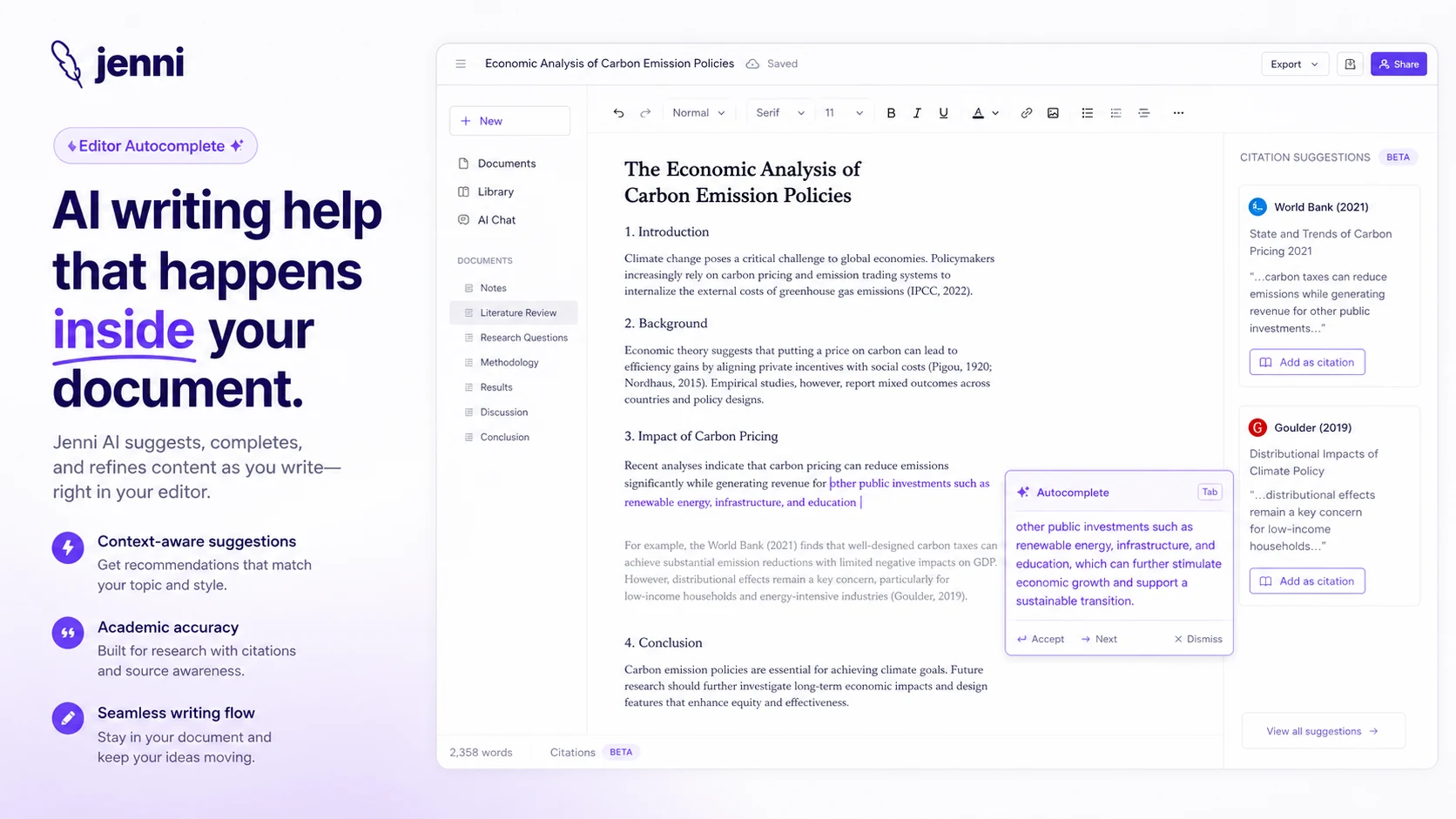 Jenni AI: editor autocomplete, showing academic draft suggestions beside a research document