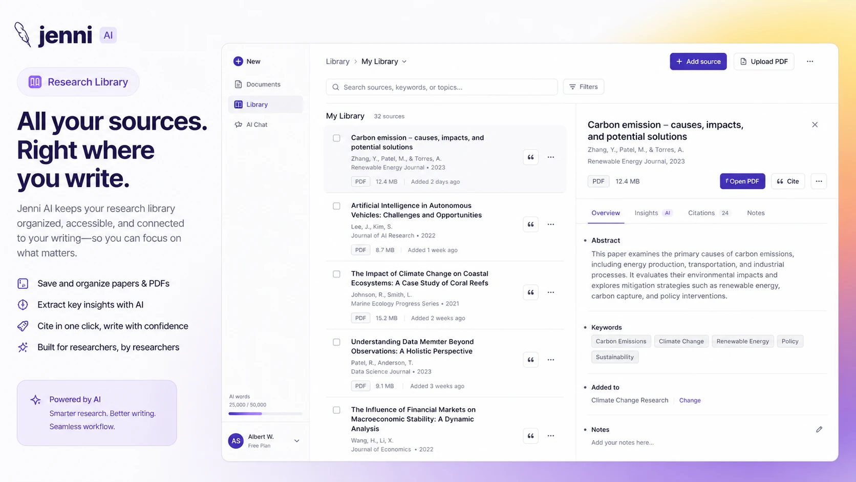 Jenni AI: research library, showing saved papers, source metadata, and citation actions