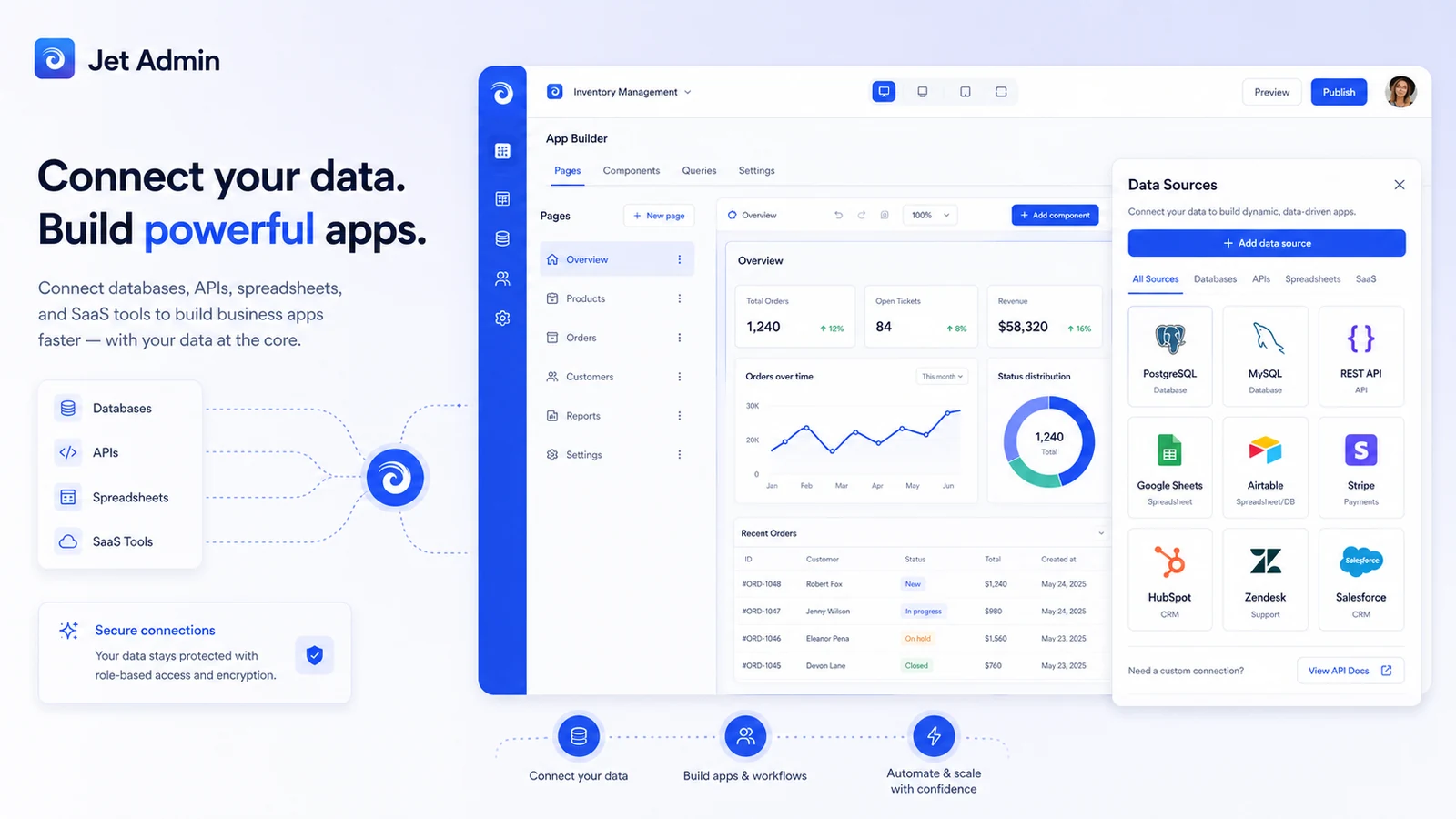 Jet Admin: data source selection, showing databases, APIs, spreadsheets, and SaaS tools that can power a business app