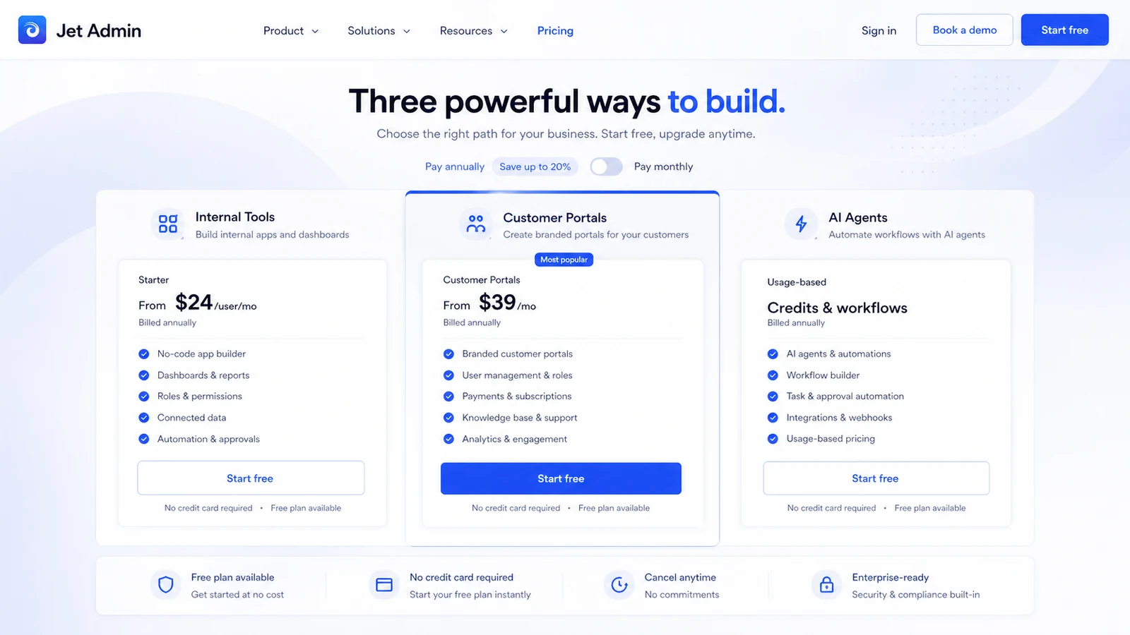 Jet Admin: pricing tabs, showing internal tool, customer portal, and AI-agent paths for plan comparison