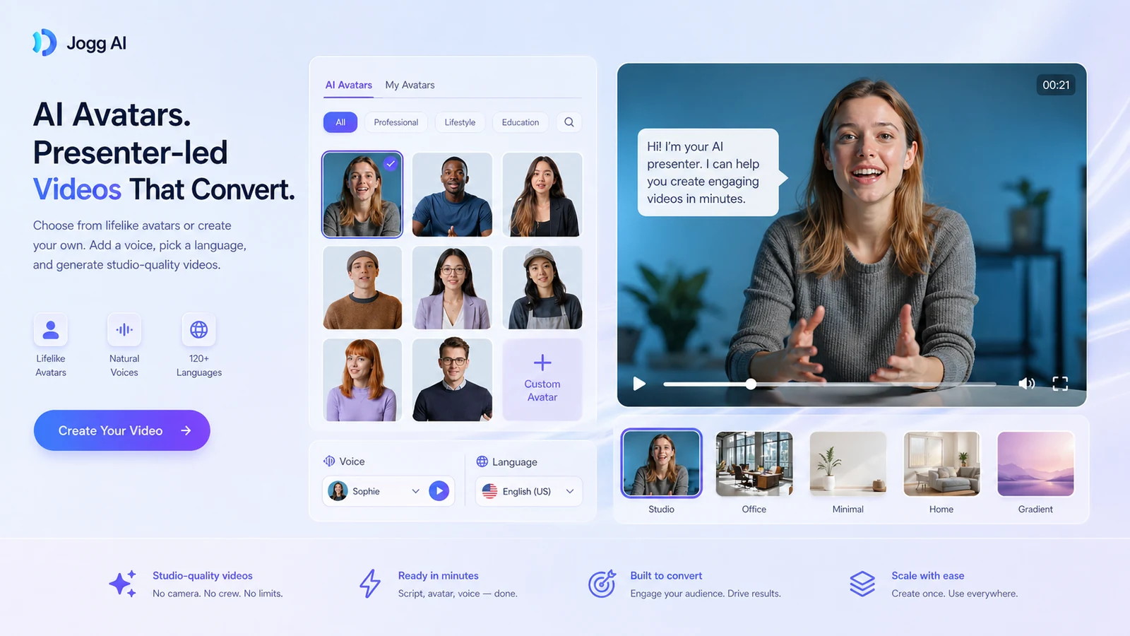 Jogg AI: avatar library, showing stock avatar and custom avatar choices for presenter-led videos