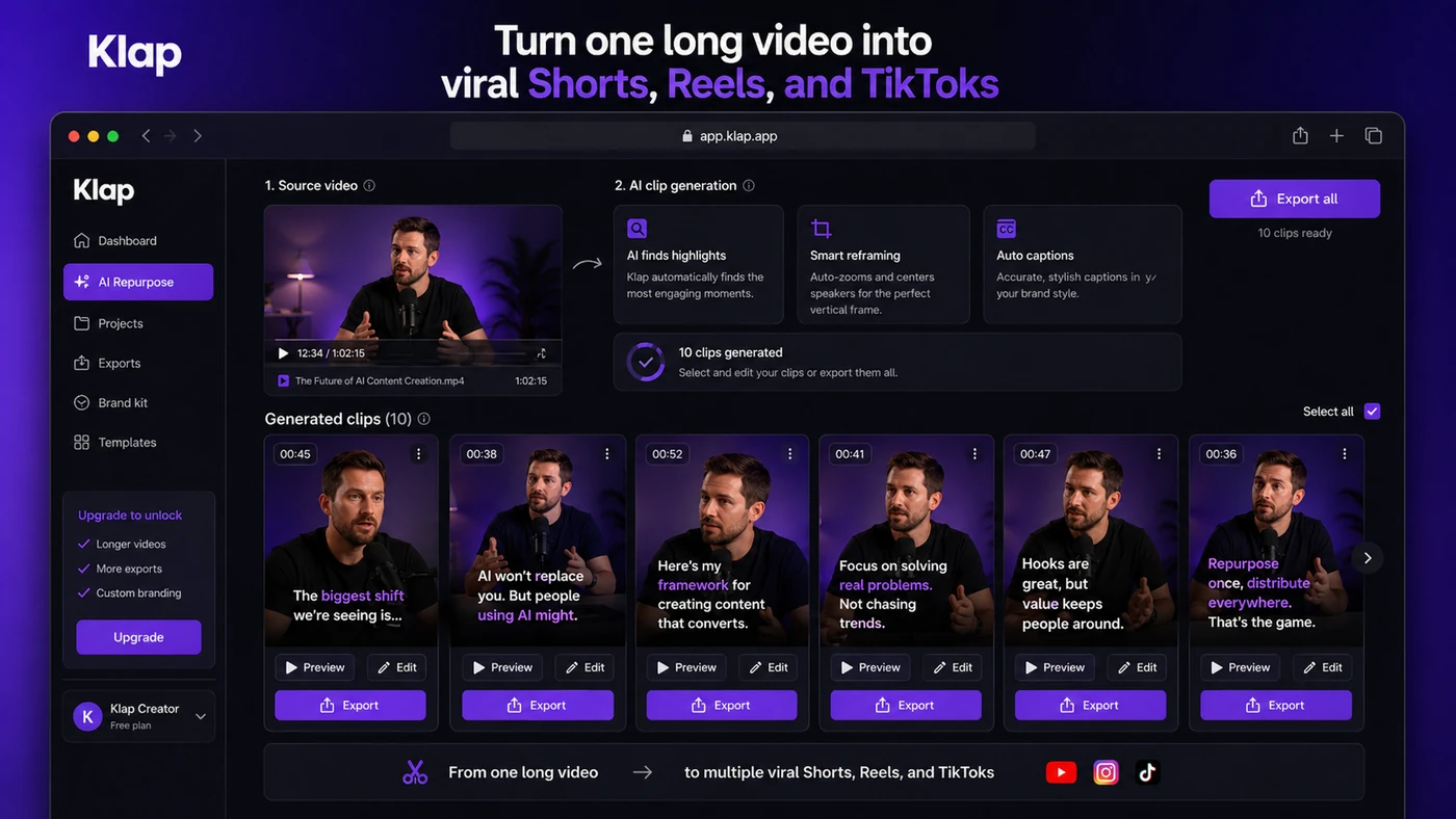 Klap: generated clips dashboard, showing multiple short-form clips created from one long video